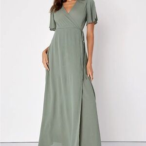 Lulus Much Obliged Washed Olive Green Wrap Maxi Dress